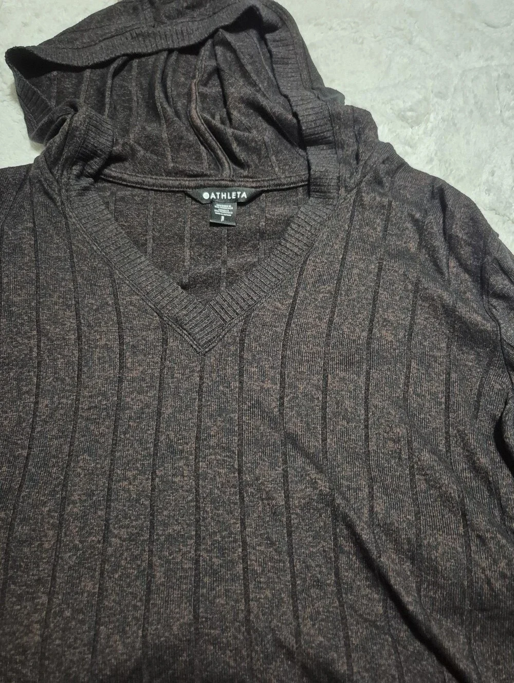 Athleta Brown Ribbed V-Neck Hoodie Top-harmony Pose-Size-S